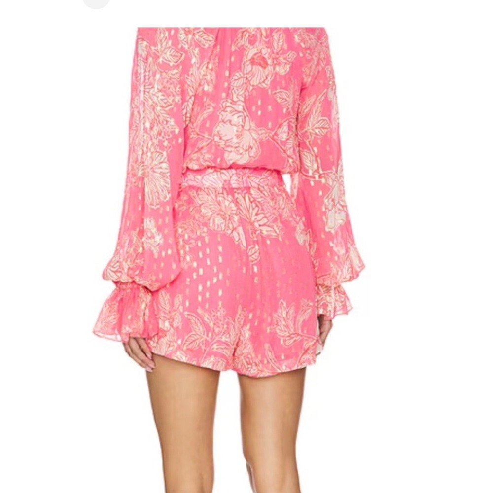 Hemant and Nandita Pink Floral Gold Lurex Long Sleeve Romper Boho Mini Dress L - Picture 3 of 10